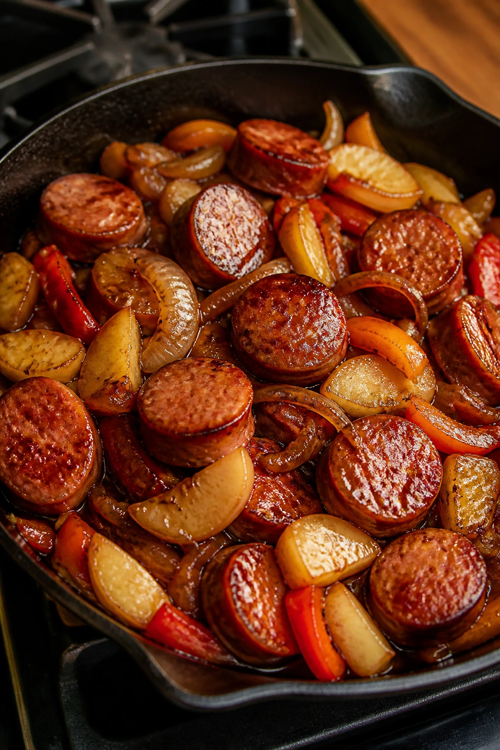 Kielbasa with onions and peppers in skillet with glaze