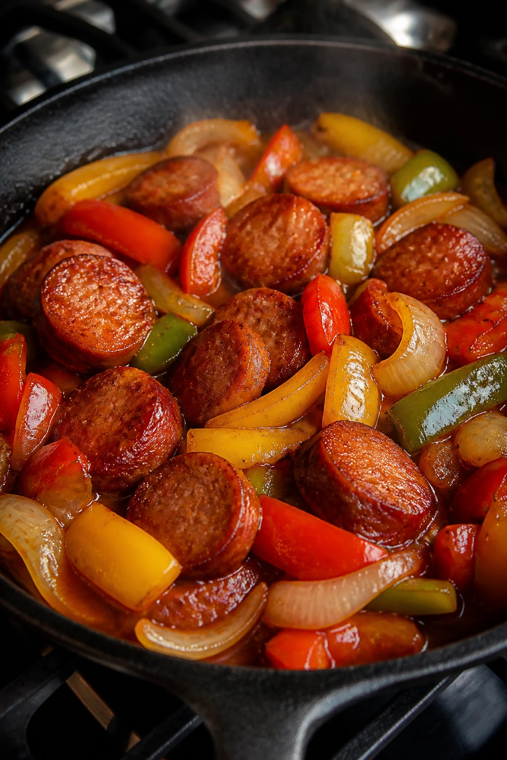 Close-up of kielbasa with peppers and onions in a skillet