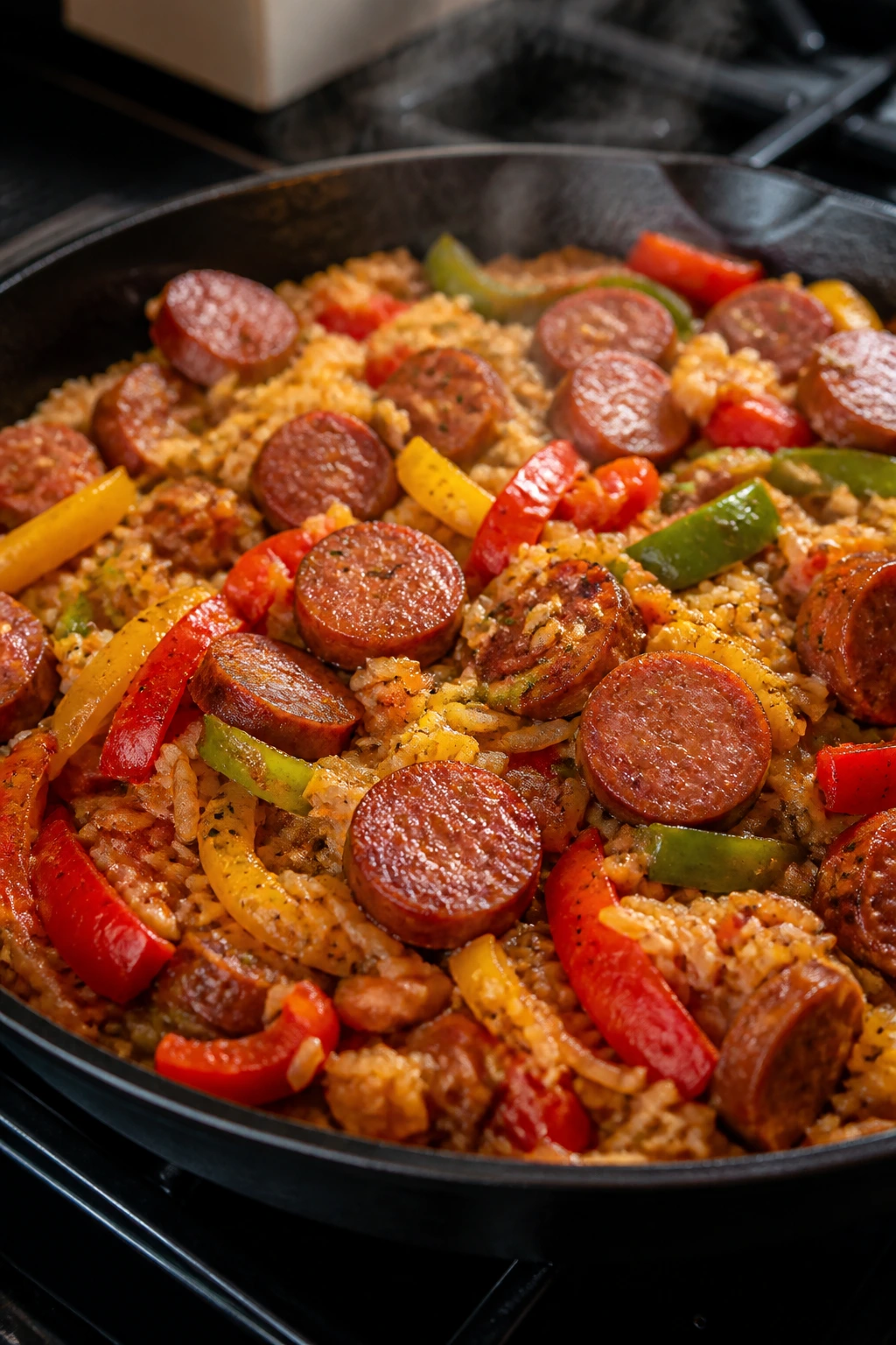 Skillet with kielbasa, peppers, and rice in a home kitchen