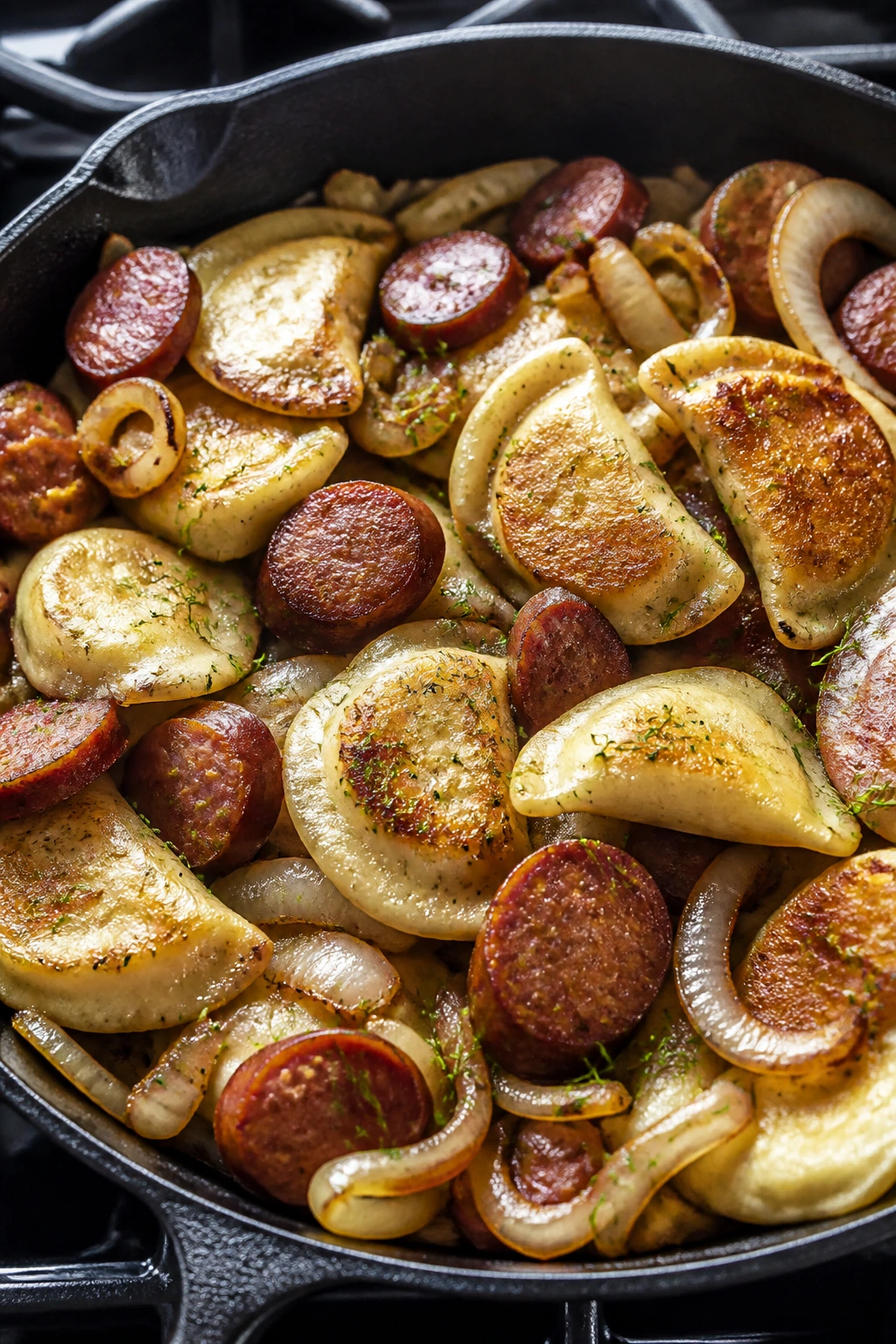 Kielbasa and pierogi skillet with onions and dill