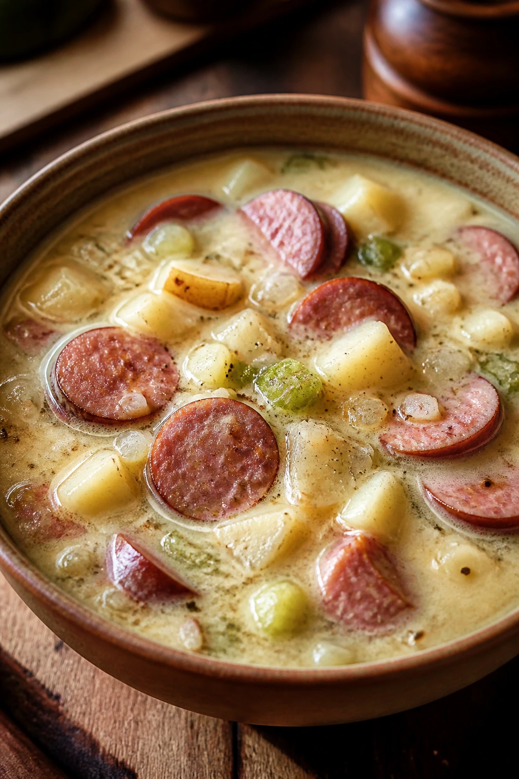 Close-up of Kielbasa and Potato Chowder with kielbasa and potatoes
