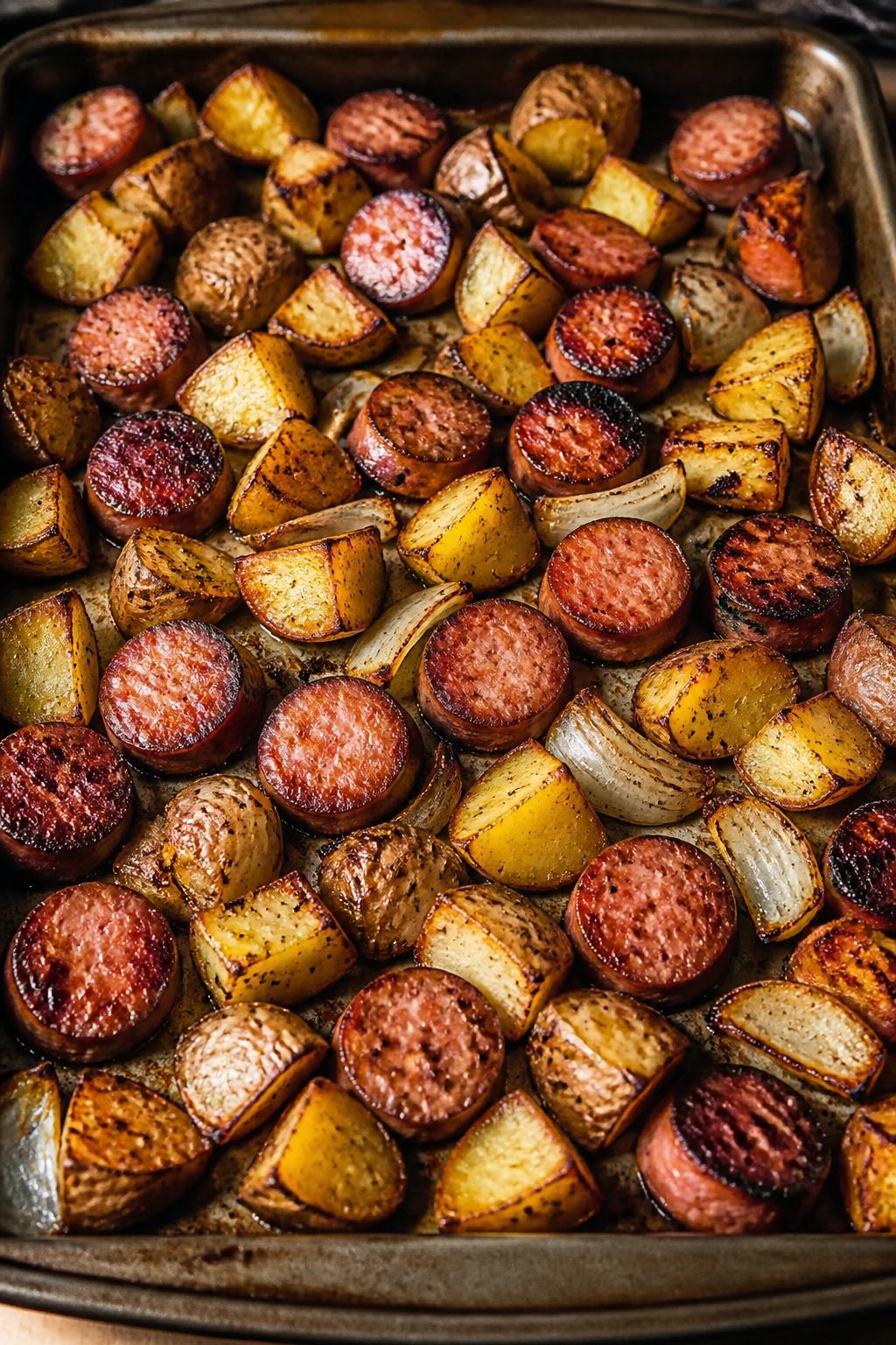 Top-down close-up of sheet pan kielbasa and potatoes