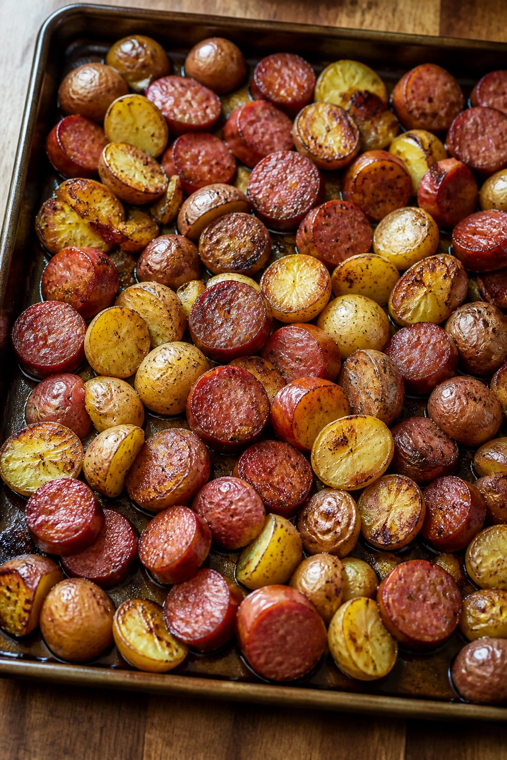 Sheet pan kielbasa and potatoes roasted to crisp edges