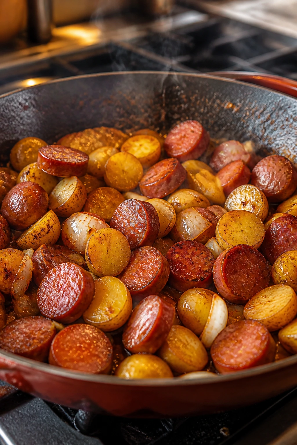 Close-up of kielbasa and baby potatoes browning in a skillet