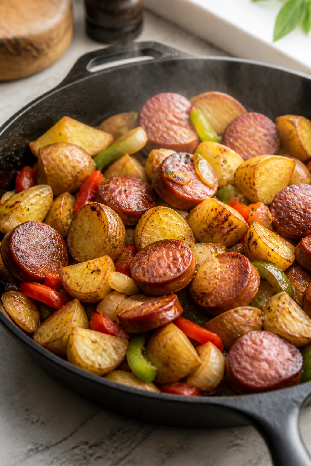 Skillet brimming with kielbasa, potatoes, onions and peppers.