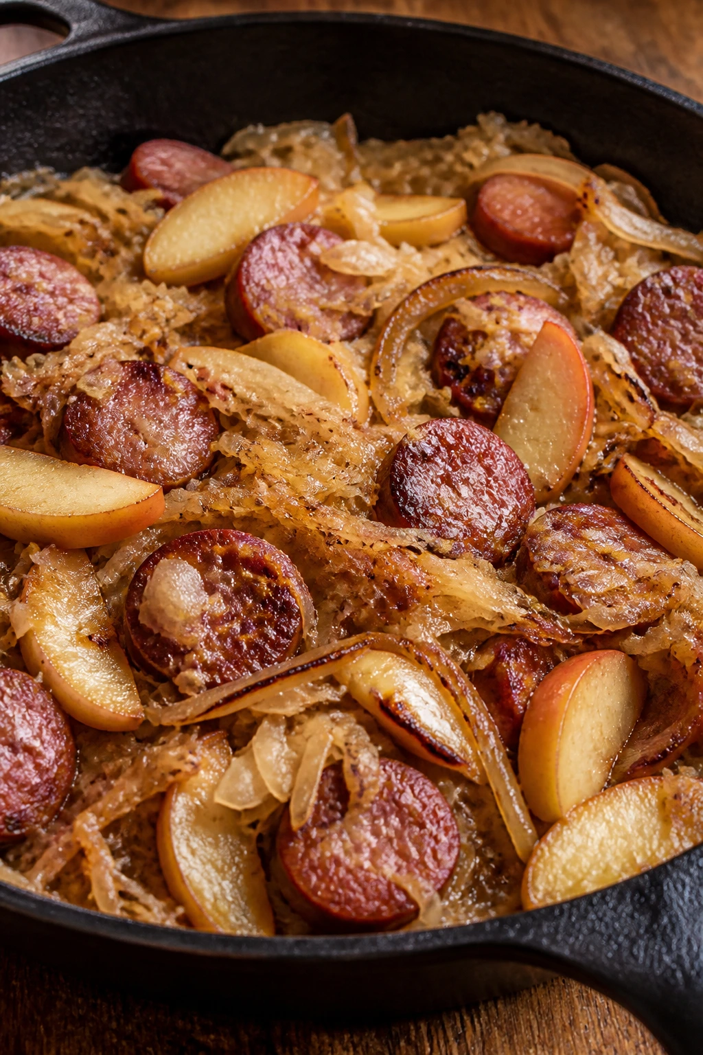 Kielbasa sauerkraut apples skillet in cast-iron pan