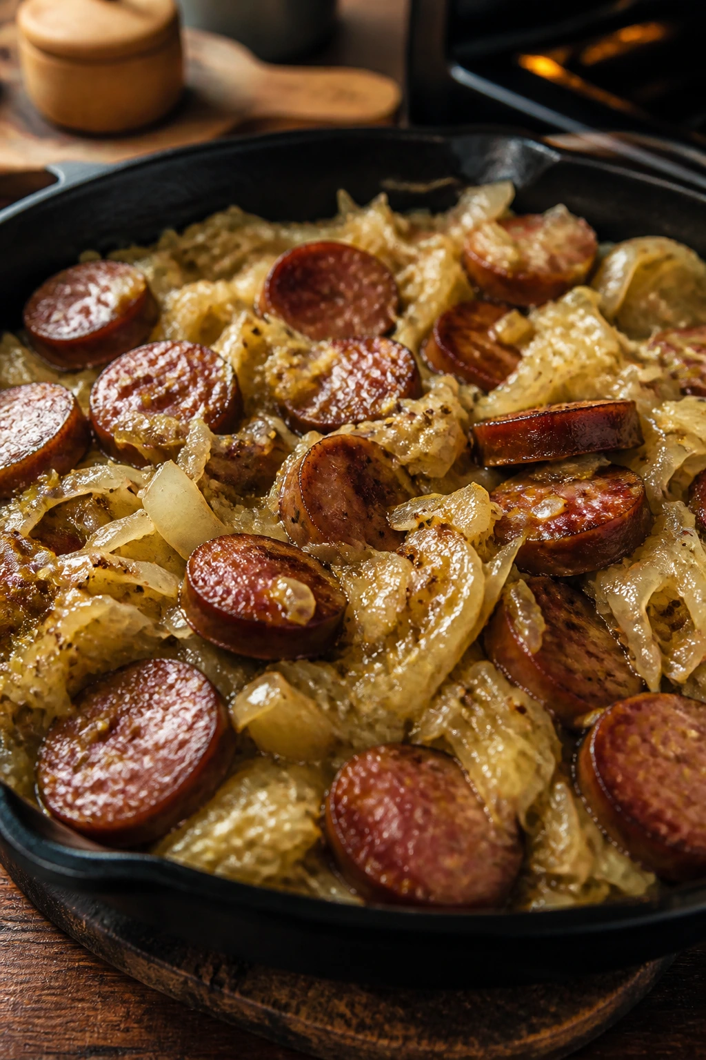 Close-up of kielbasa and sauerkraut in a skillet with onions in a warm kitchen