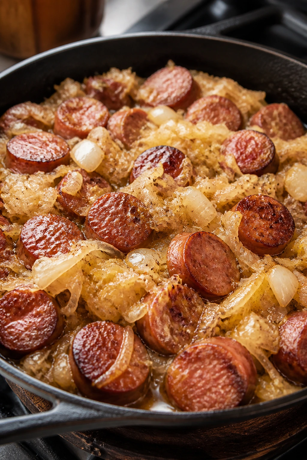 Skillet with kielbasa, sauerkraut, and onions on a stove