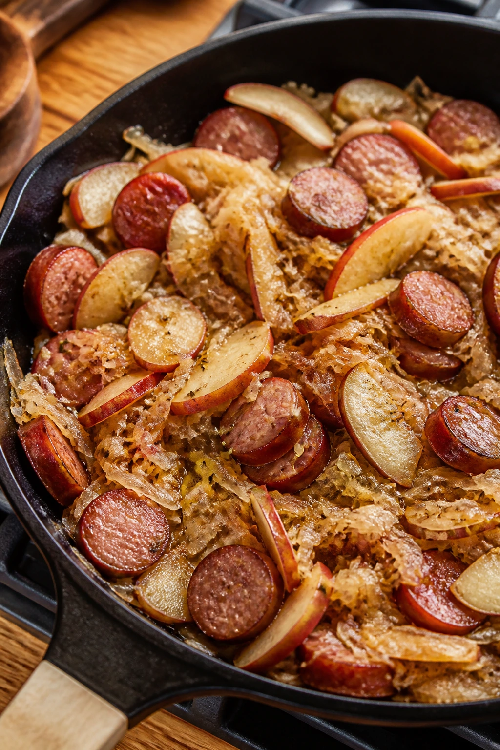 Close-up of kielbasa with sauerkraut in a skillet on a stove