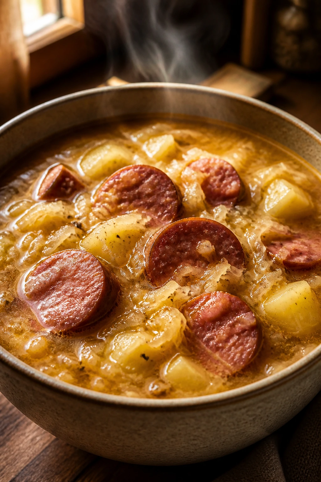 Close-up of Polish Kielbasa Sauerkraut Soup in a rustic bowl with kielbasa and sauerkraut