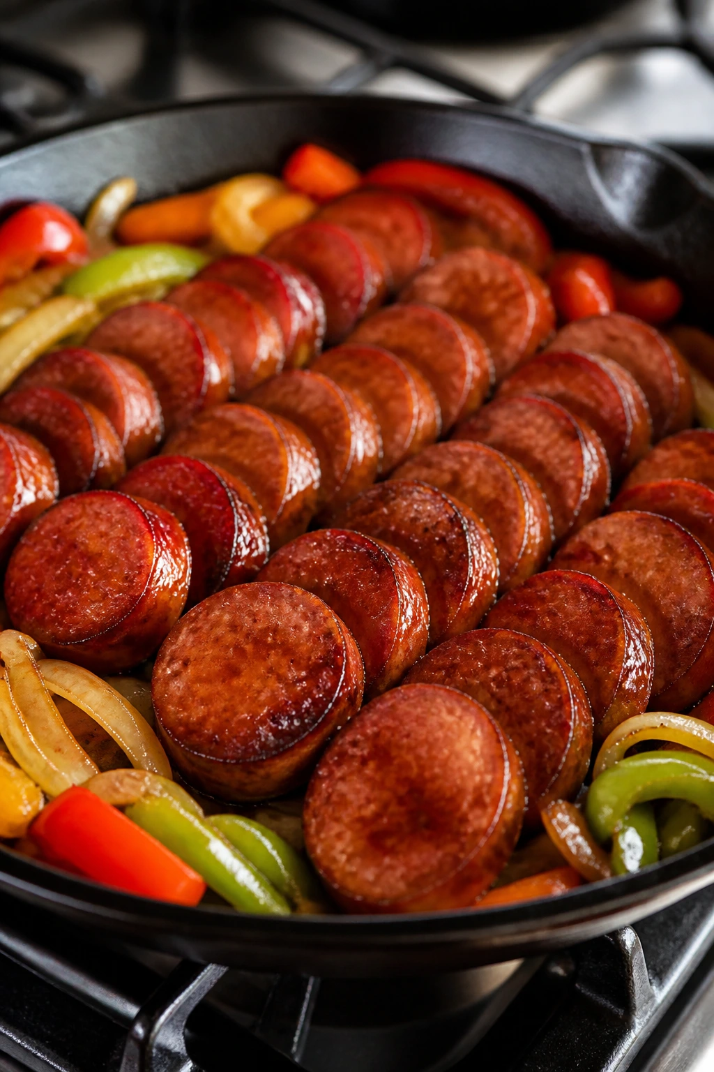 Kielbasa slices in skillet with glaze on stove
