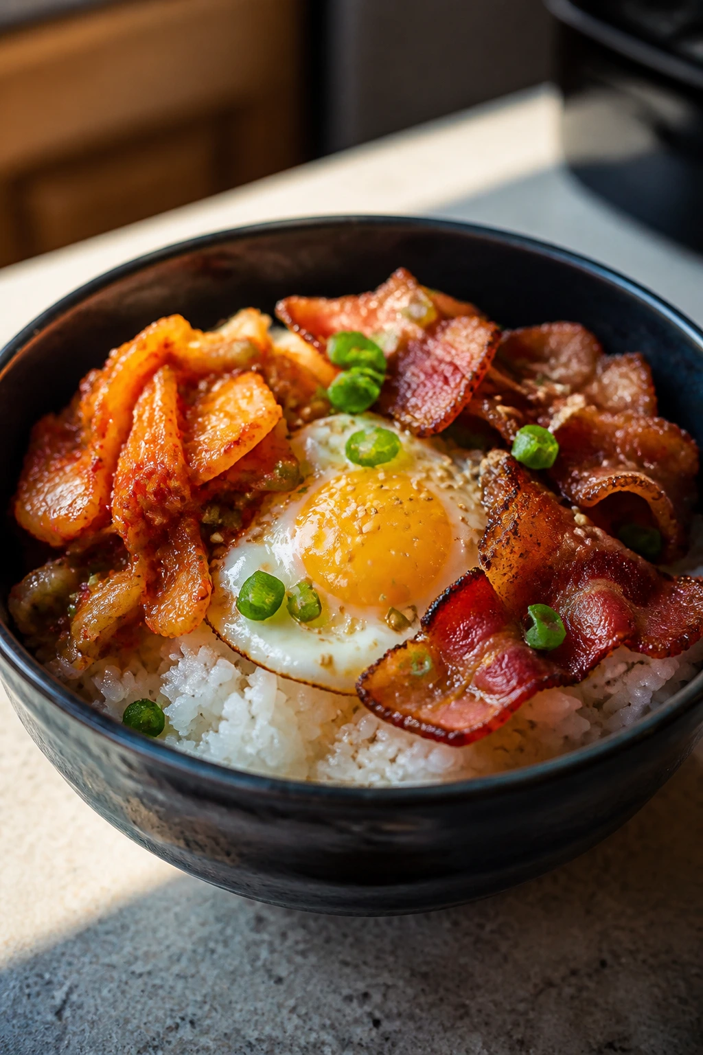 Kimchi bacon rice cooker bowl close-up