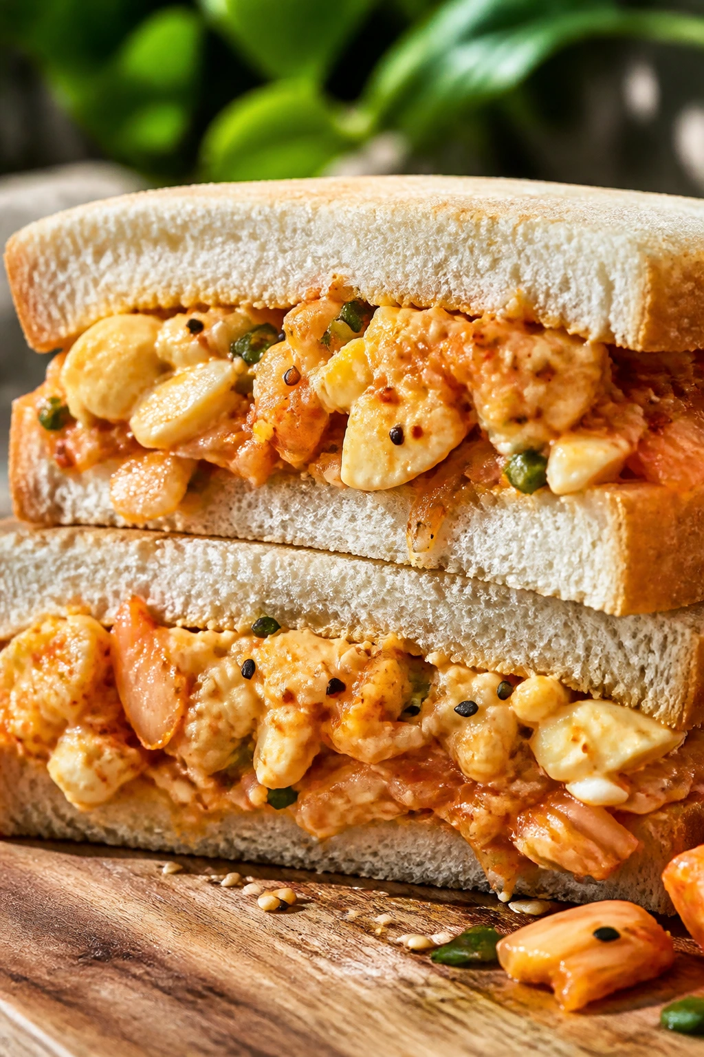 Kimchi egg salad sandwich on a wooden board outdoors.
