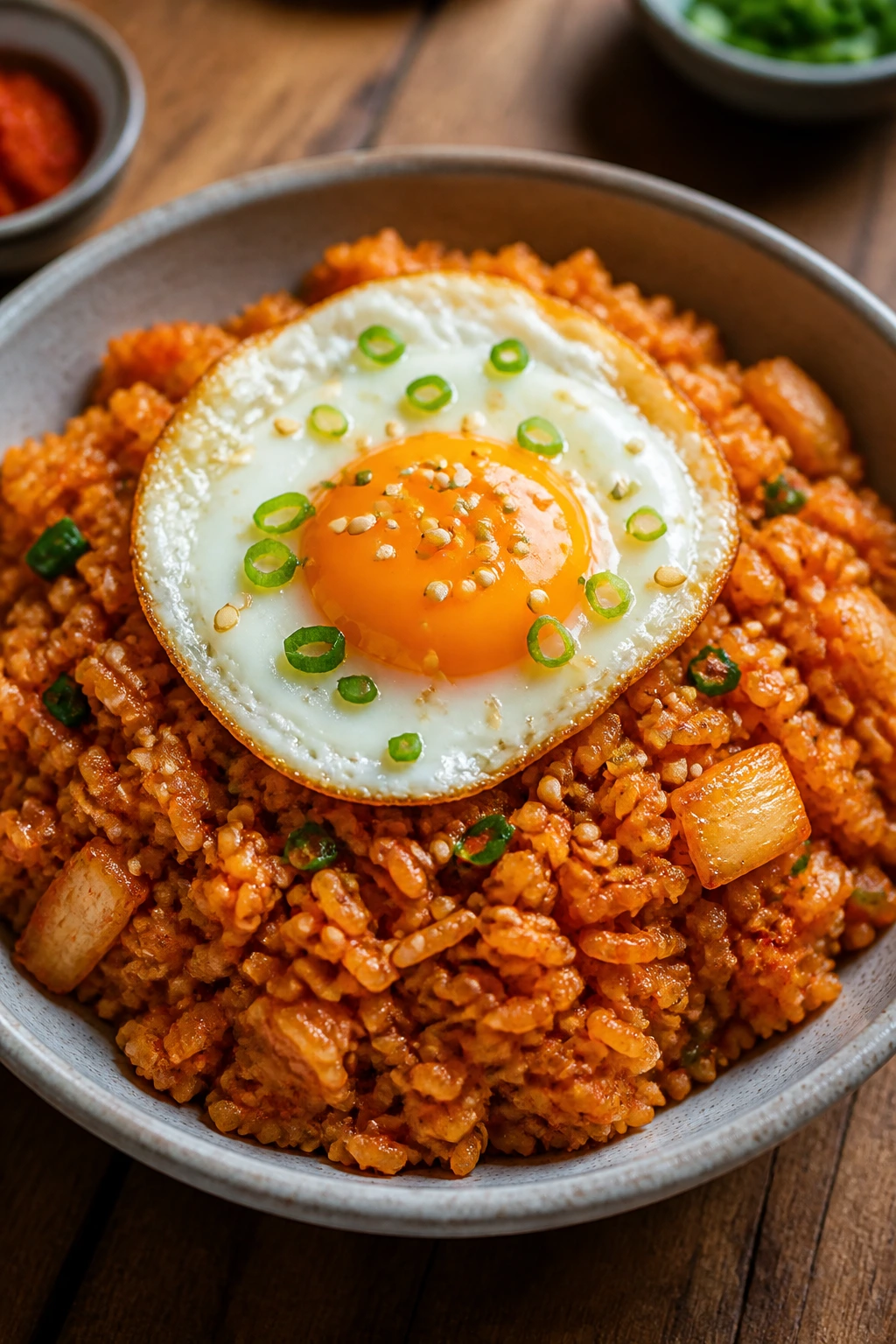 Close-up of kimchi fried rice with a fried egg on top