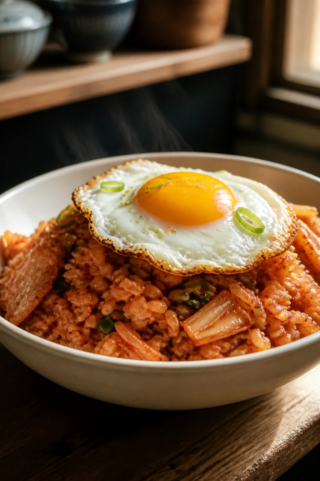 Close-up of kimchi fried rice in a bowl with egg on top