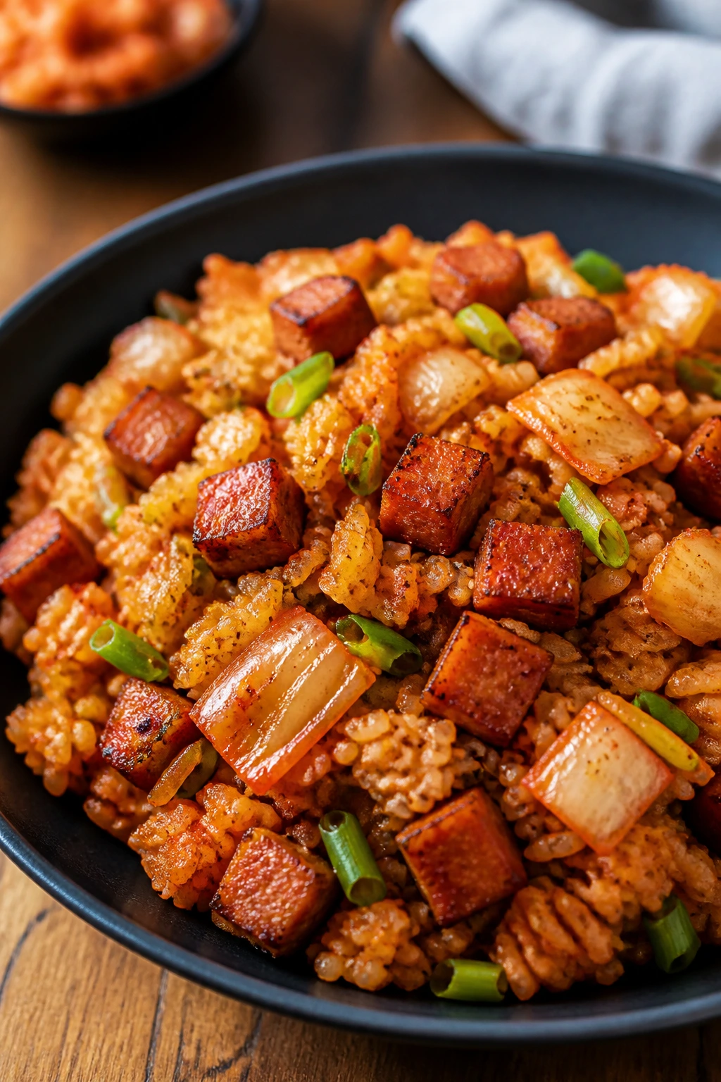 Close-up of kimchi fried rice with Spam