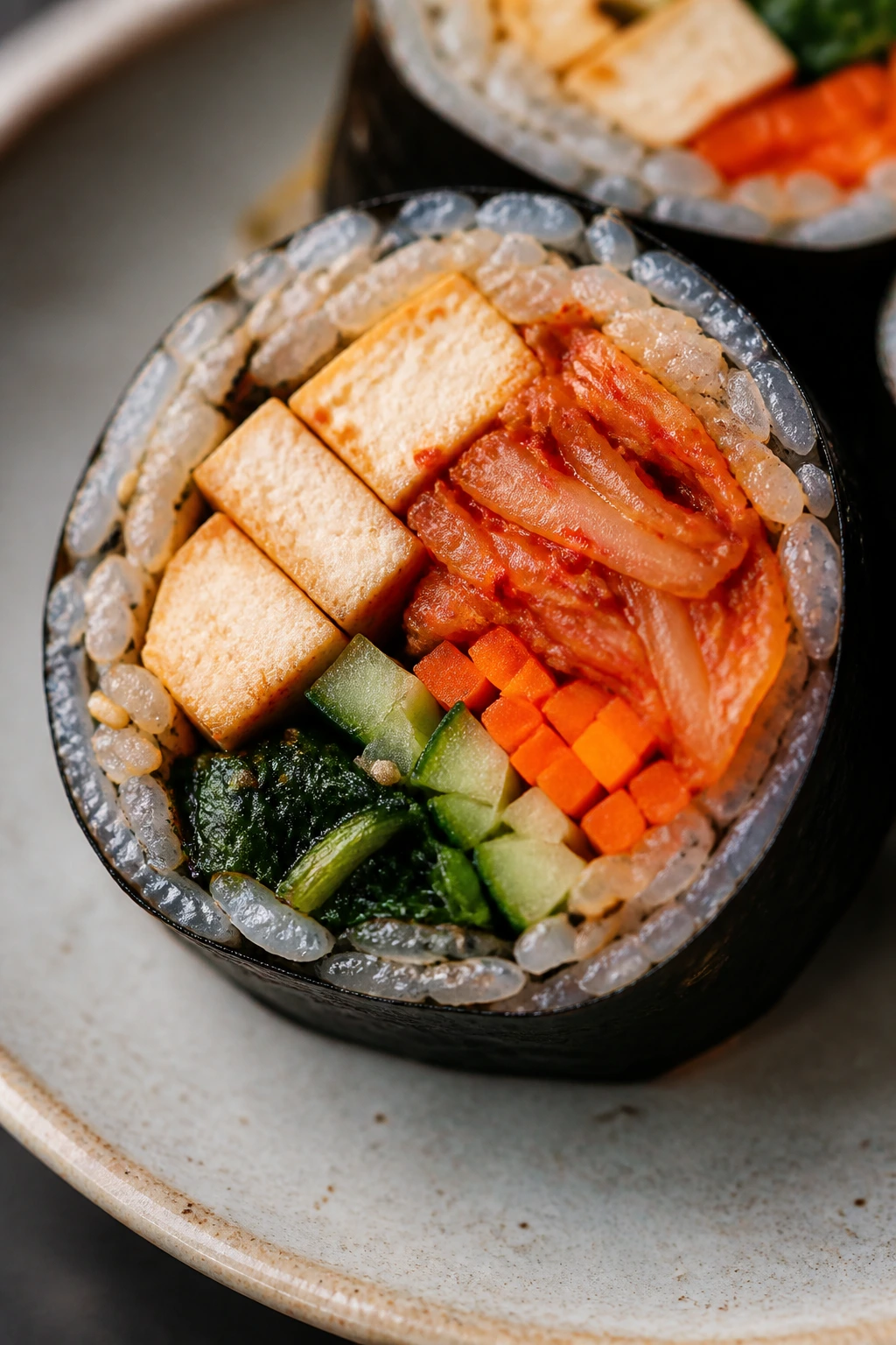 Close-up of kimchi tofu gimbap cross-section on a plate in a cozy kitchen