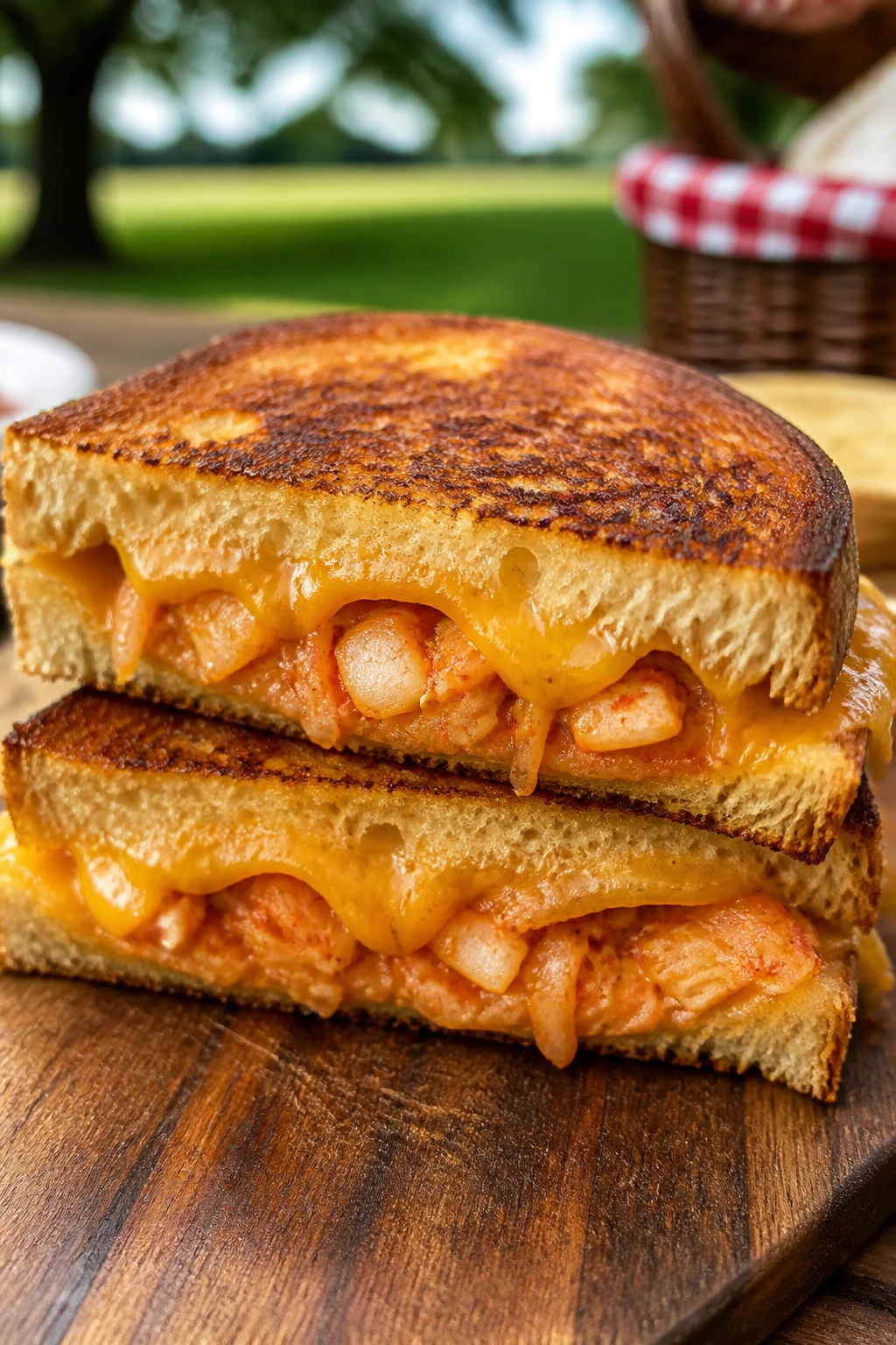 Close-up of Kimchi Grilled Cheese on sourdough in outdoor setting