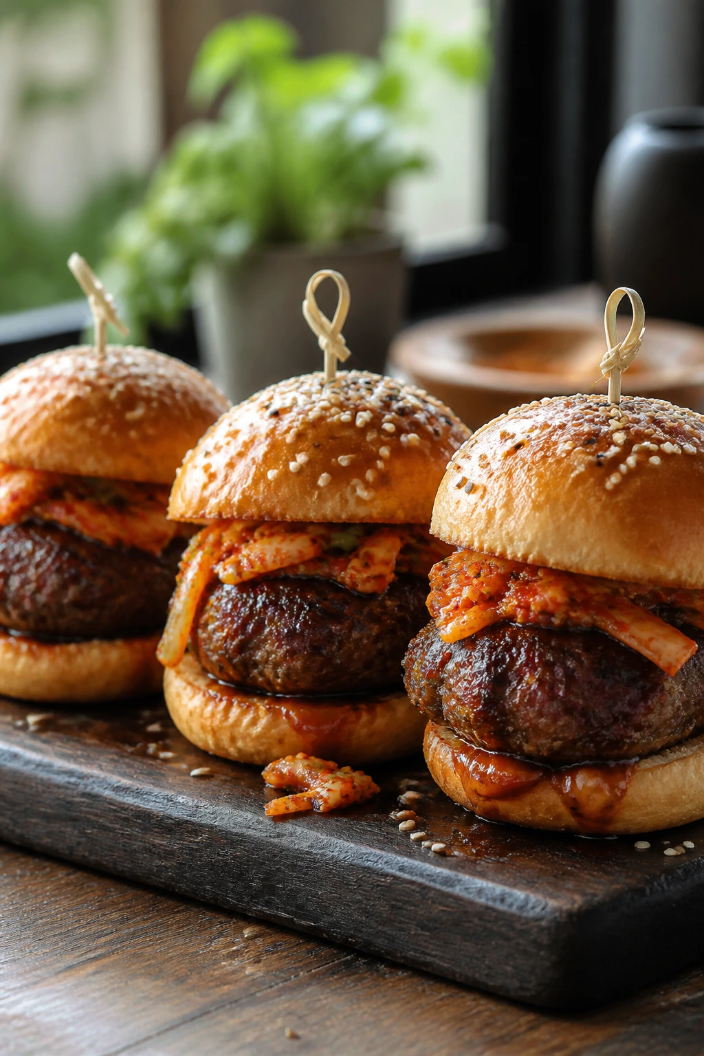 Mini beef meatball sliders with kimchi slaw on buns