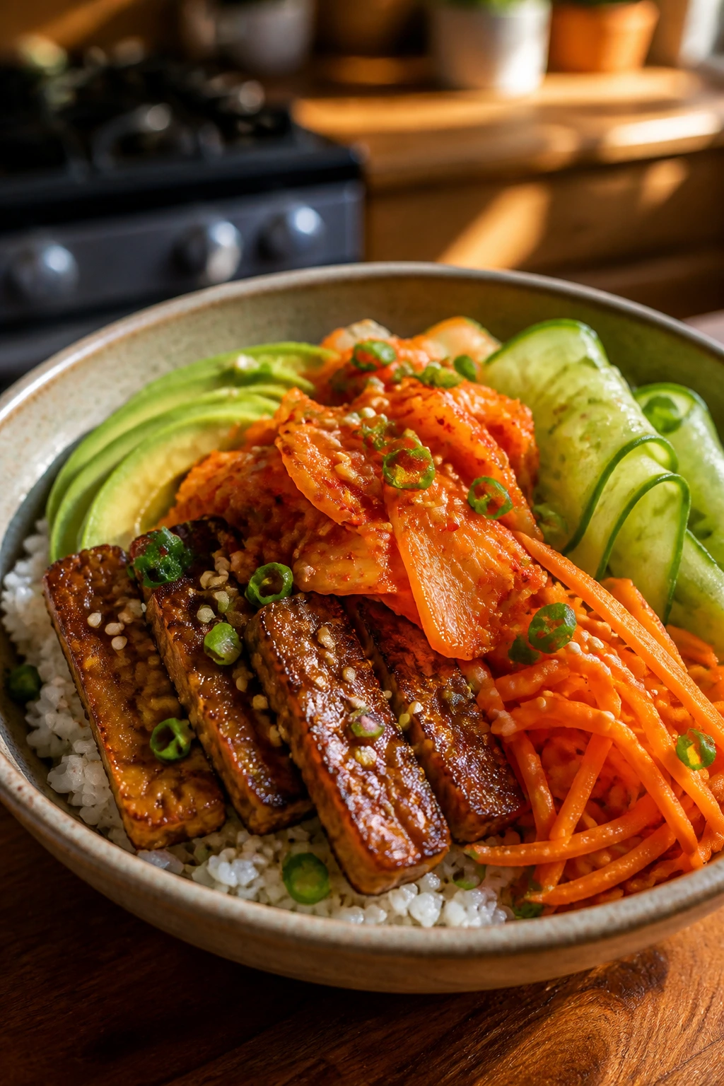 Close up of Kimchi Tempeh Bowl with rice, glazed tempeh, kimchi, and avocado on a wooden table