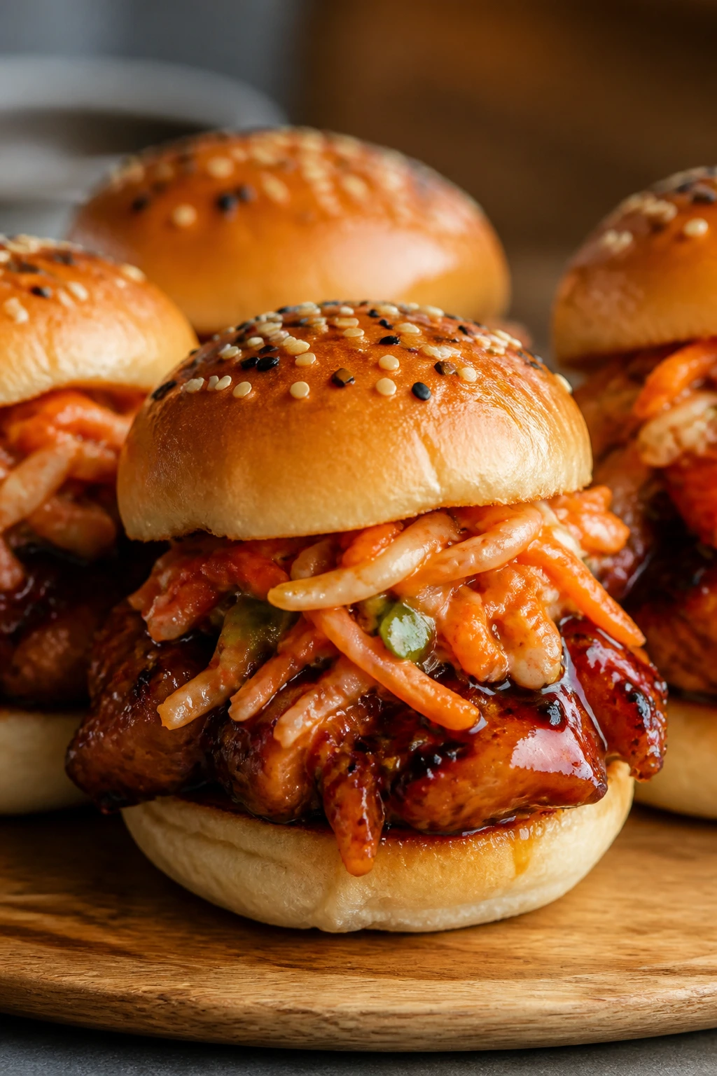 Close-up of Kimchi Slaw Teriyaki Chicken Sliders with kimchi slaw and glaze