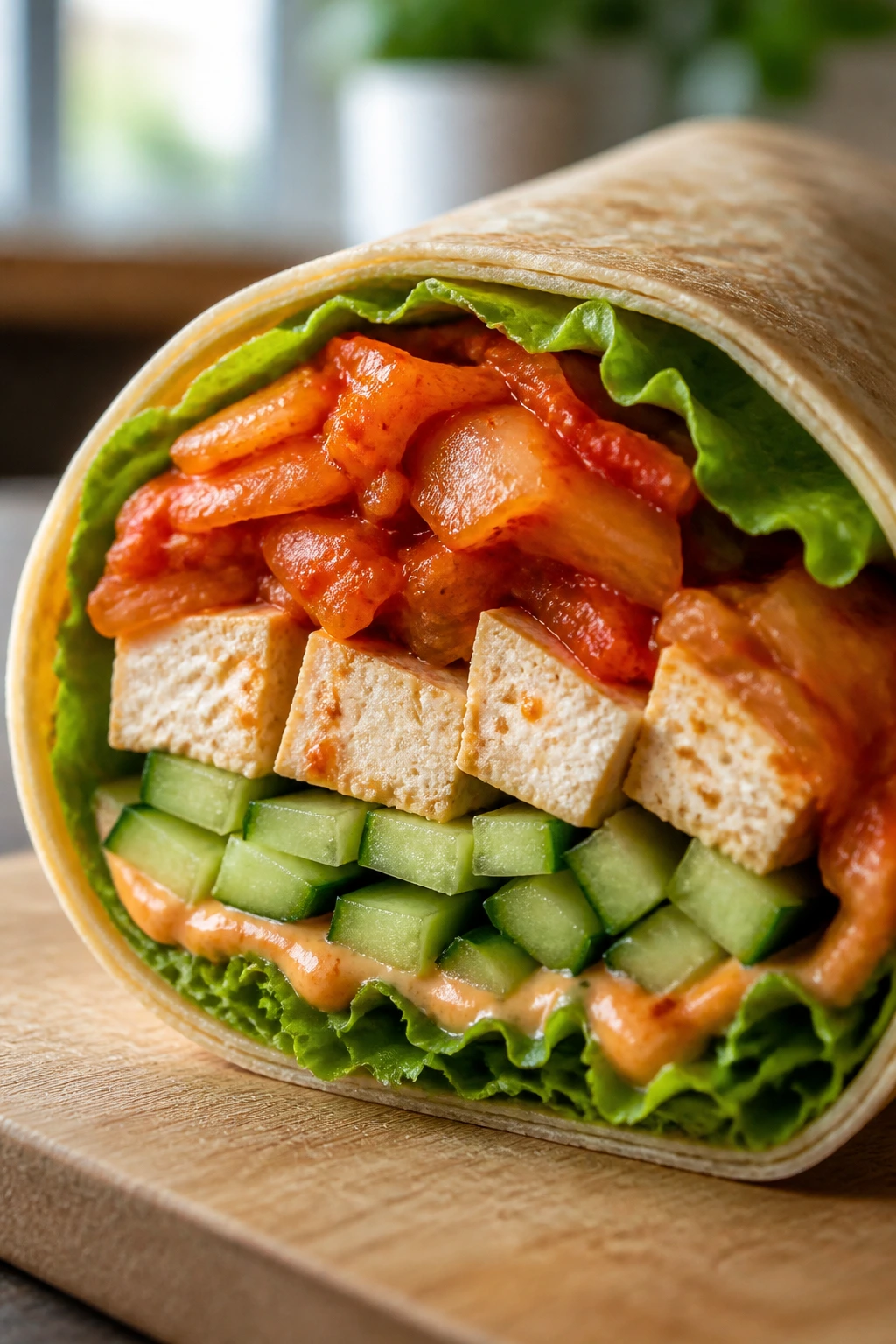 Close-up of kimchi tofu cucumber wrap half on wooden board