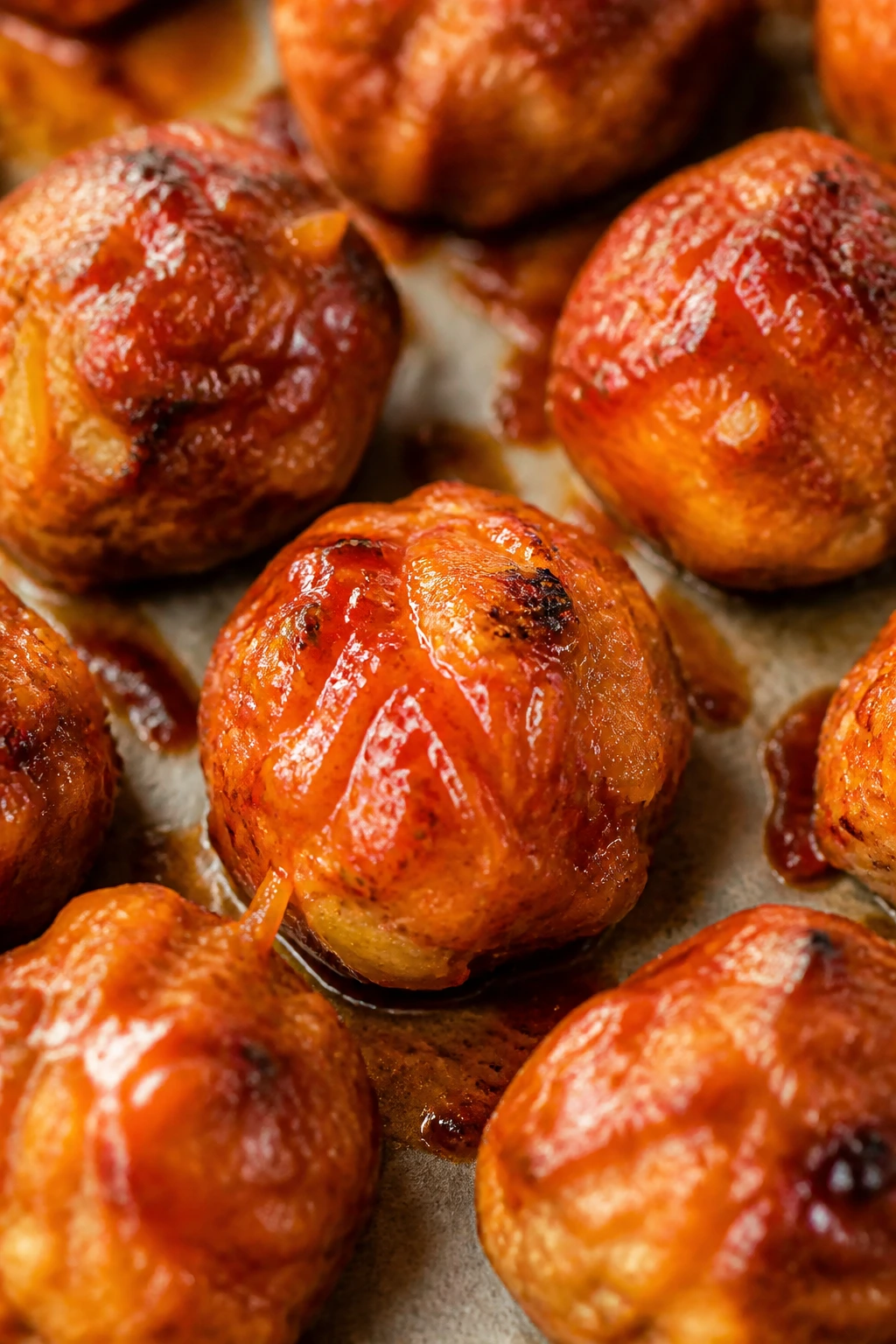 Kimchi turkey meatballs with glaze on plate in kitchen