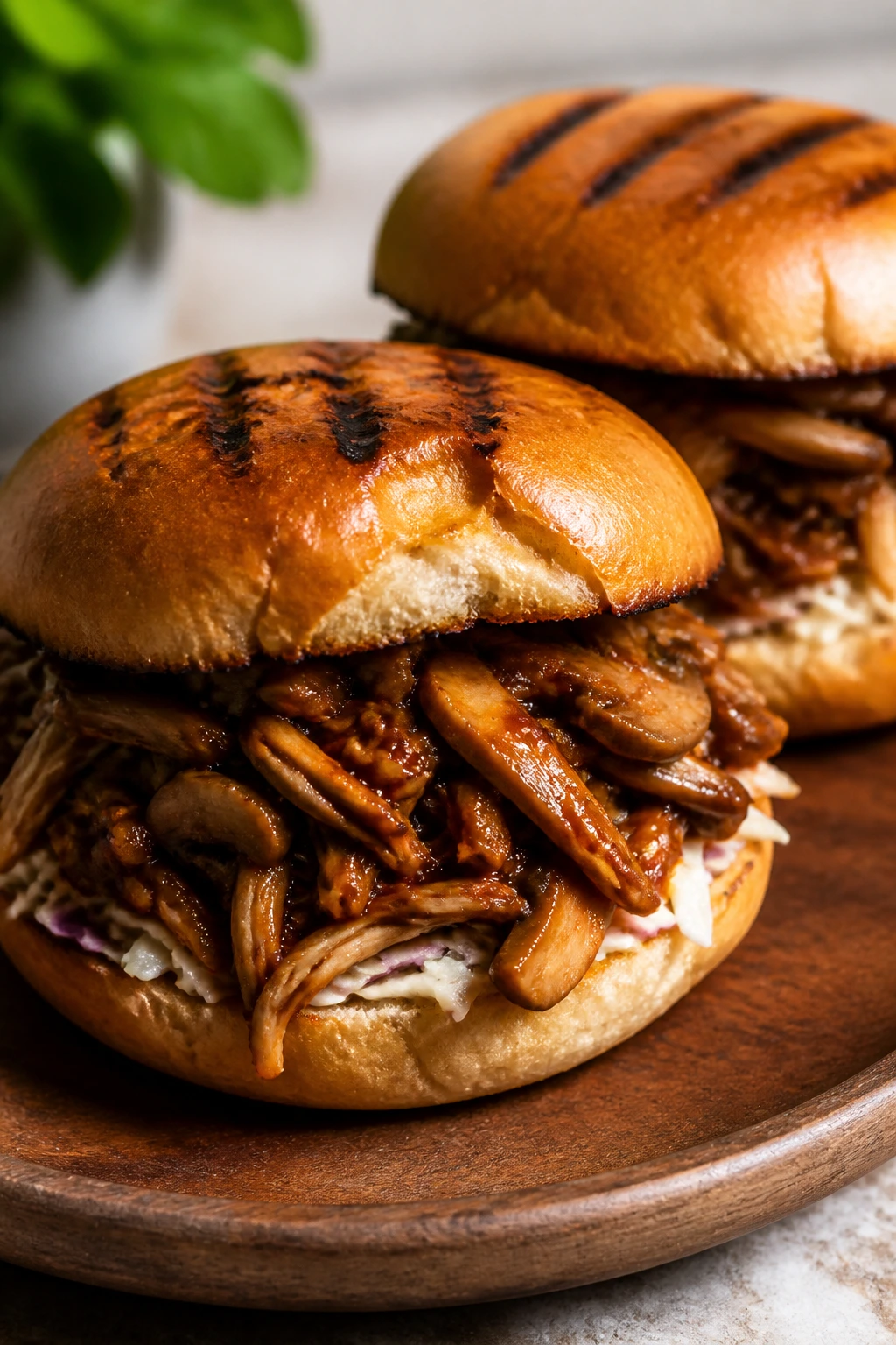 Pulled king oyster mushroom BBQ sandwich close-up
