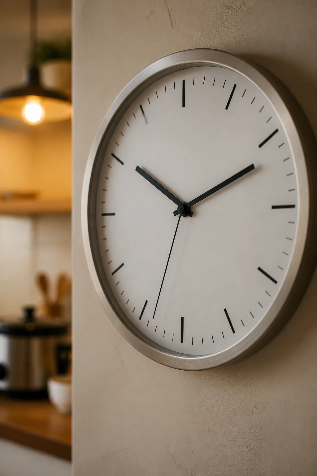Close-up of a minimalist kitchen clock on a warm kitchen wall