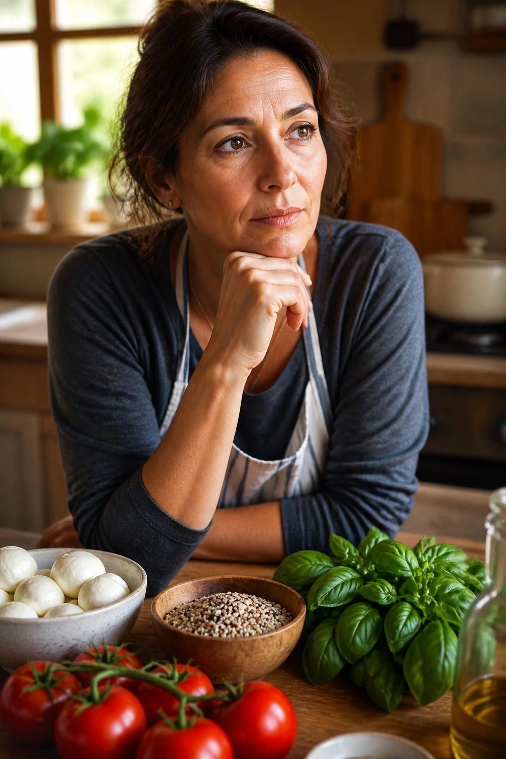 Close-up portrait of a thoughtful home cook in a warm kitchen considering questions before making caprese quinoa salad