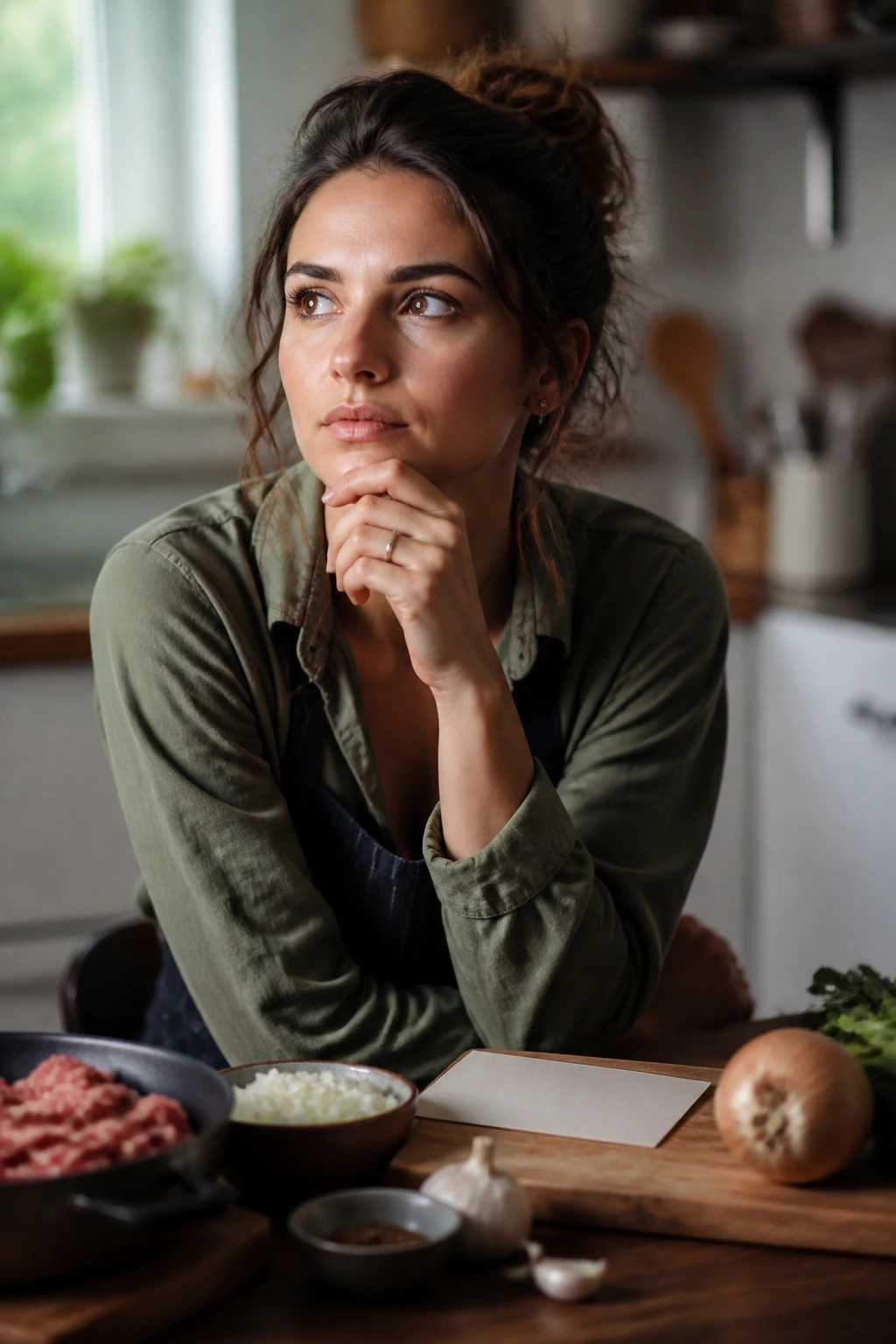 Thoughtful person in a warm kitchen contemplating starting a ground beef skillet dinner
