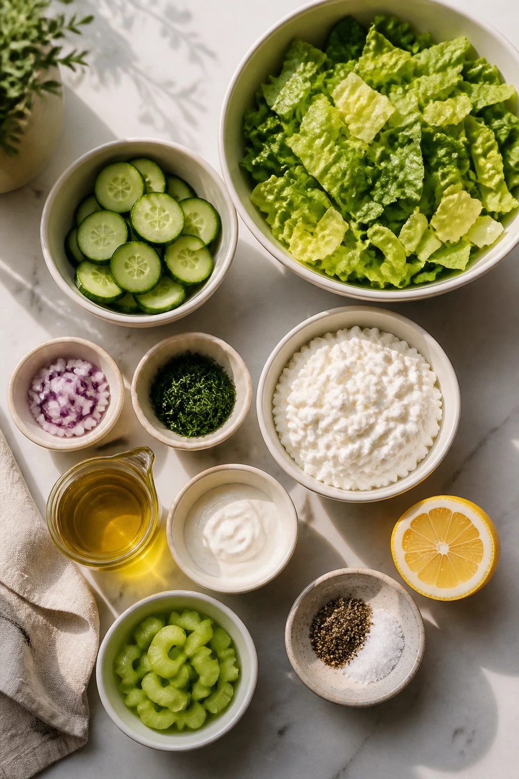 Top-down view of prep bowls on a kitchen counter for cottage cheese salad