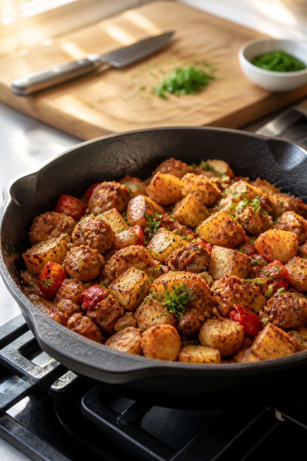 Skillet on stove with counter items blurred in background
