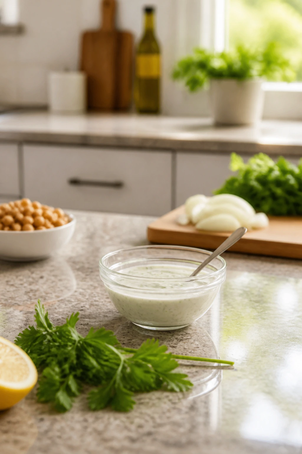 Clean kitchen counter with yogurt drizzle bowl, sunlit surface