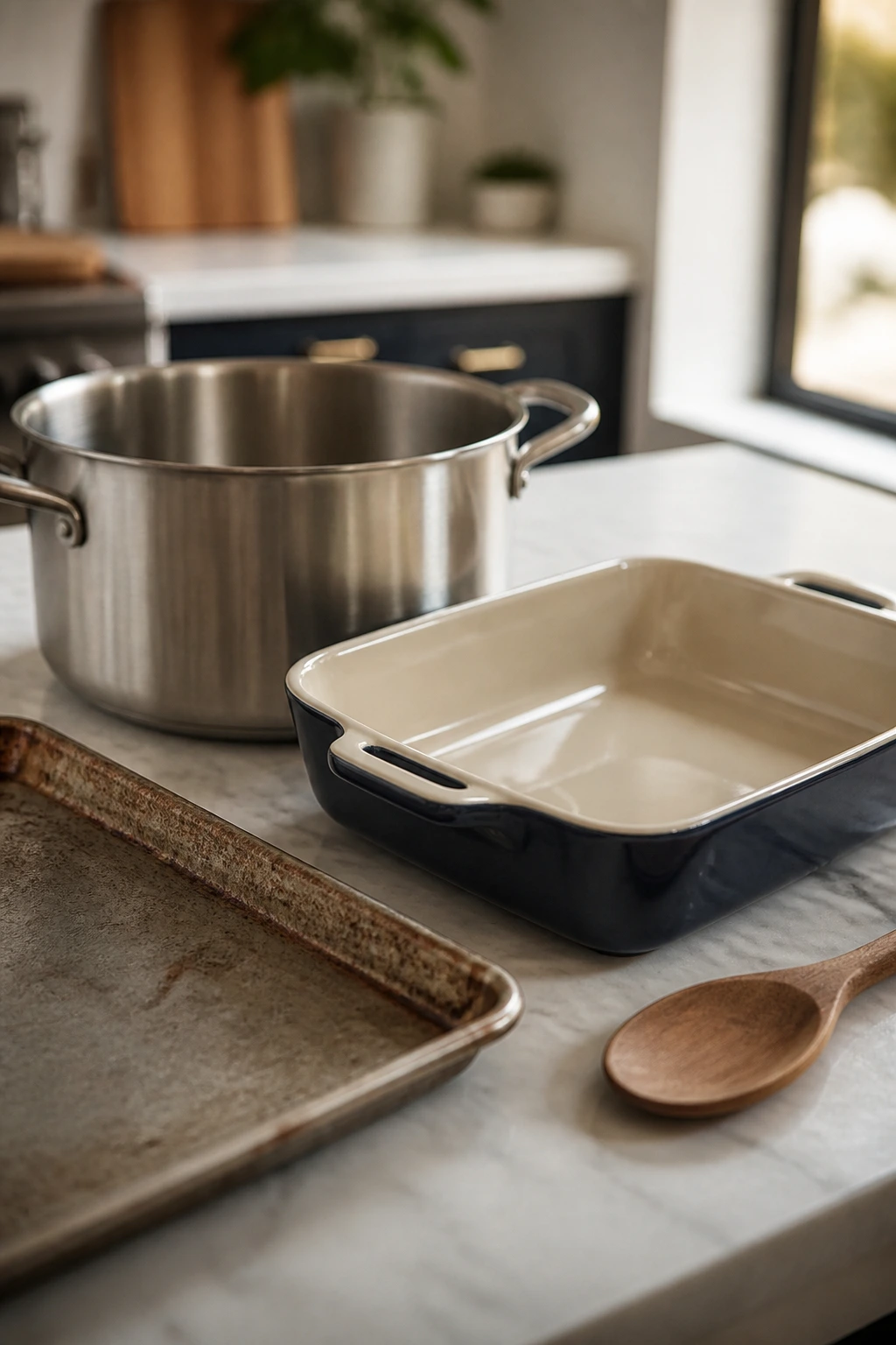 Close-up of essential kitchen equipment arranged on a counter