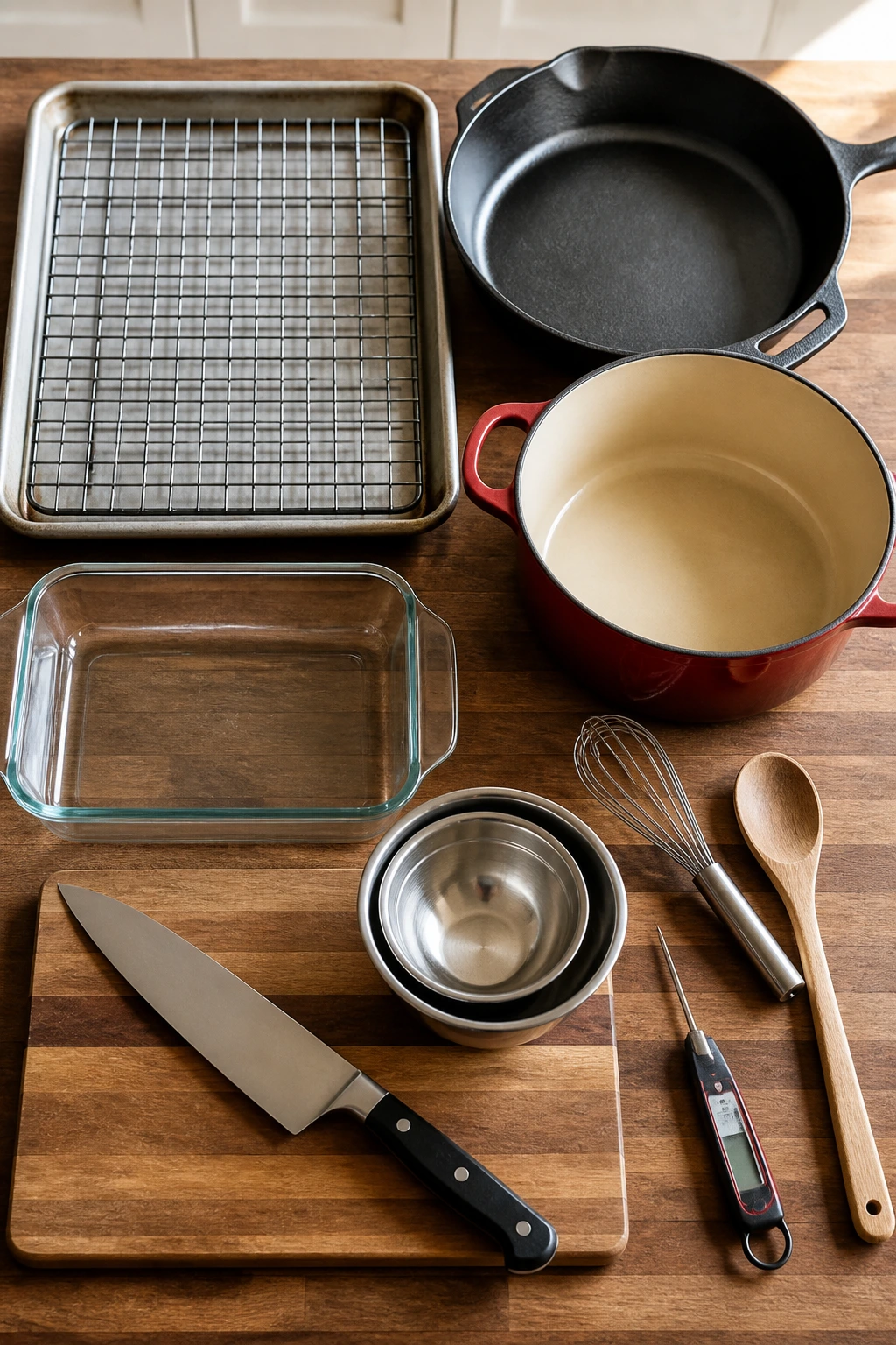 Top-down view of essential kitchen equipment for bacon and sausage recipes