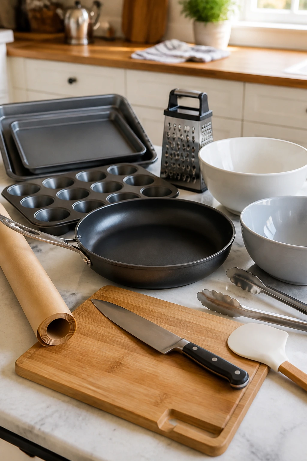 Close-up of essential kitchen equipment on a counter in a real kitchen