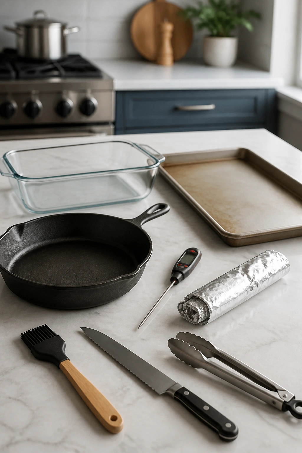 Set of essential kitchen tools for sliders: baking dish, sheet pan, skillet, thermometer, brush, knife, tongs, foil