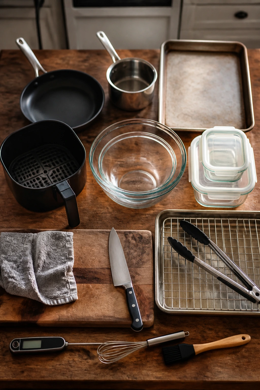 Close-up of essential kitchen equipment arranged on a wooden counter for batch slider prep