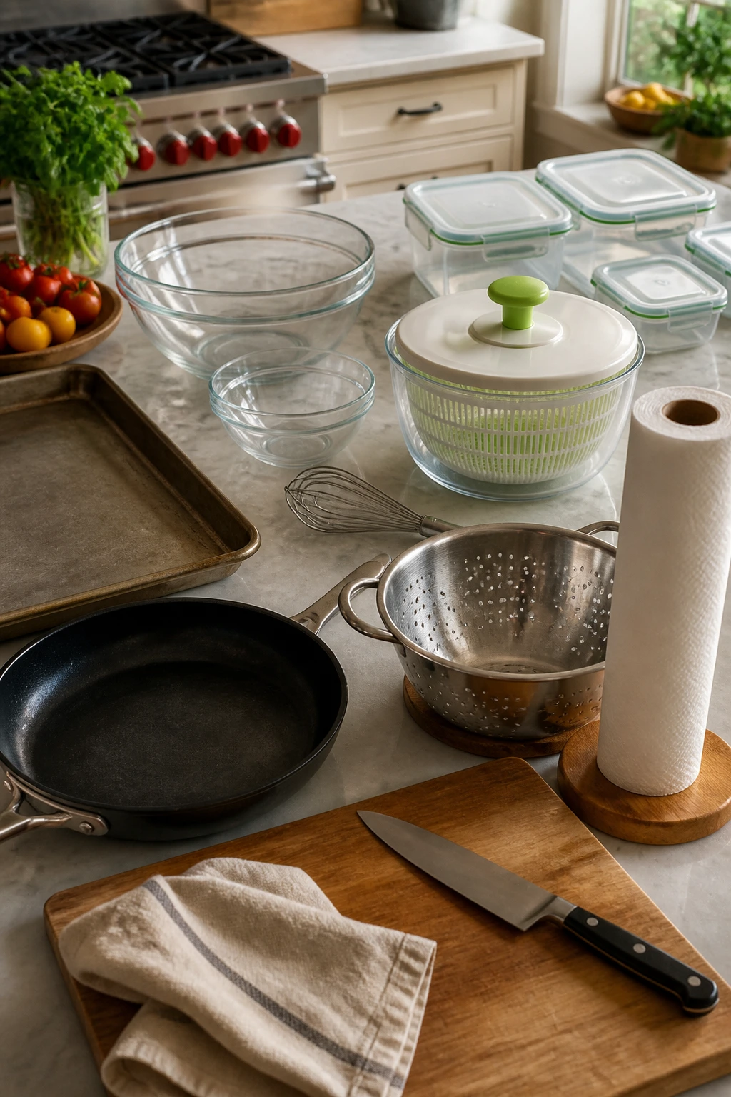 Top-down view of essential salad-making kitchen tools
