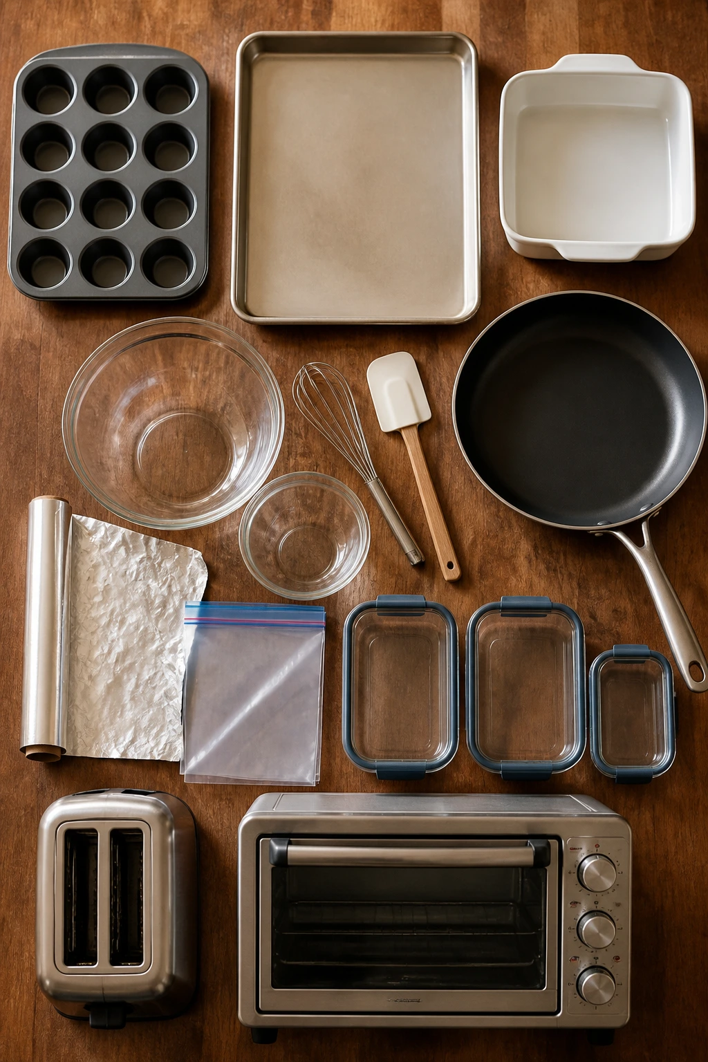 Overhead view of essential breakfast kitchen tools