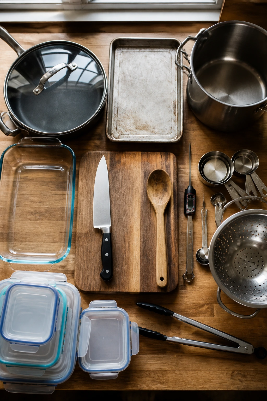 Close up of essential kitchen equipment on a counter including skillet, pot, baking dish, knife, cutting board, spoons, colander, thermometer, tongs, and containers