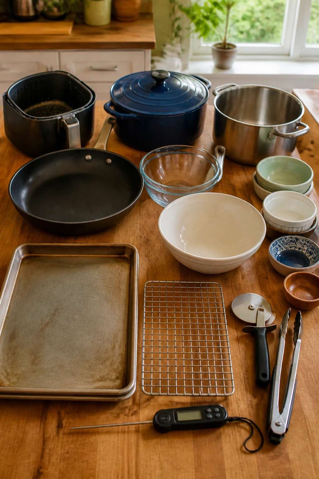 Top-down view of essential kitchen equipment arranged on a counter including baking sheet, skillet, Dutch oven, air fryer basket, wire rack, pizza cutter, tongs, mixing bowls, thermometer and small bowls