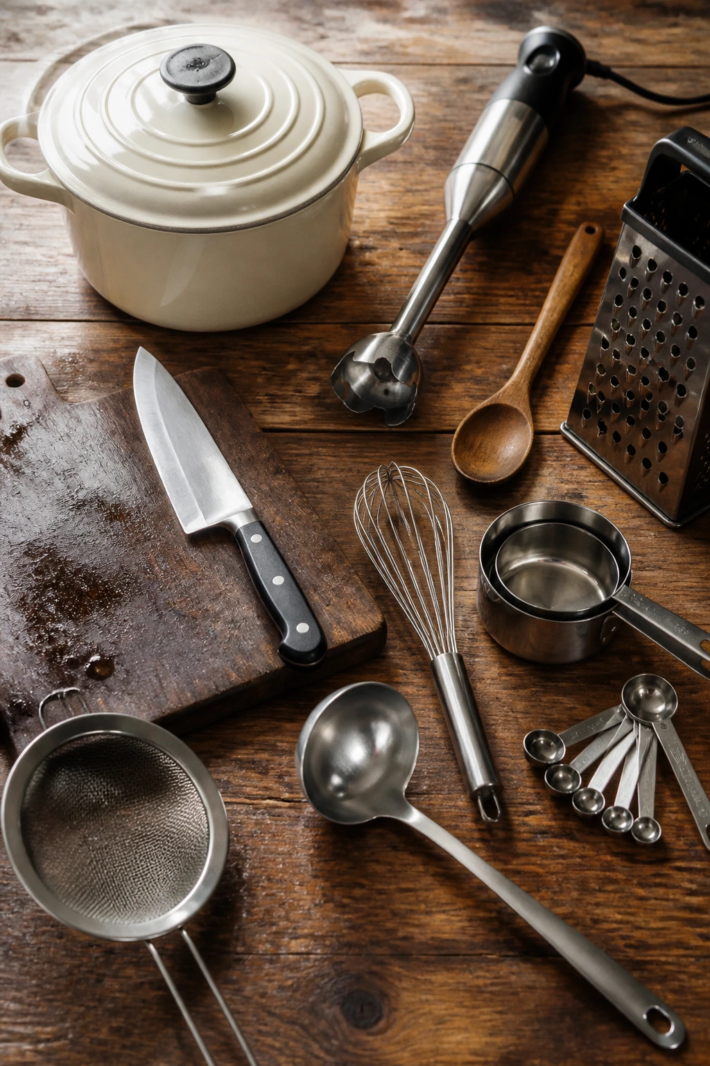 Top-down view of essential soup-making tools arranged on a wooden counter