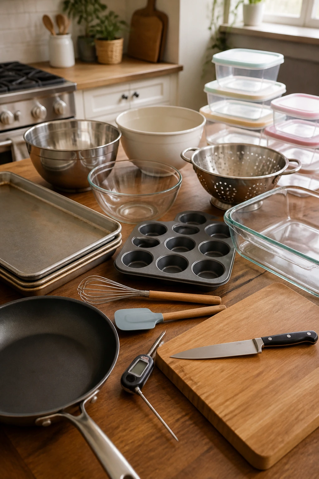 Close-up view of essential kitchen equipment on a home counter