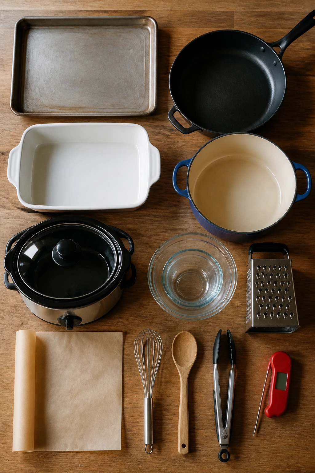Overhead view of essential kitchen equipment laid out on a counter.