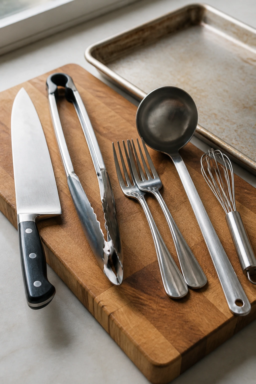 Essential kitchen tools arranged on a cutting board