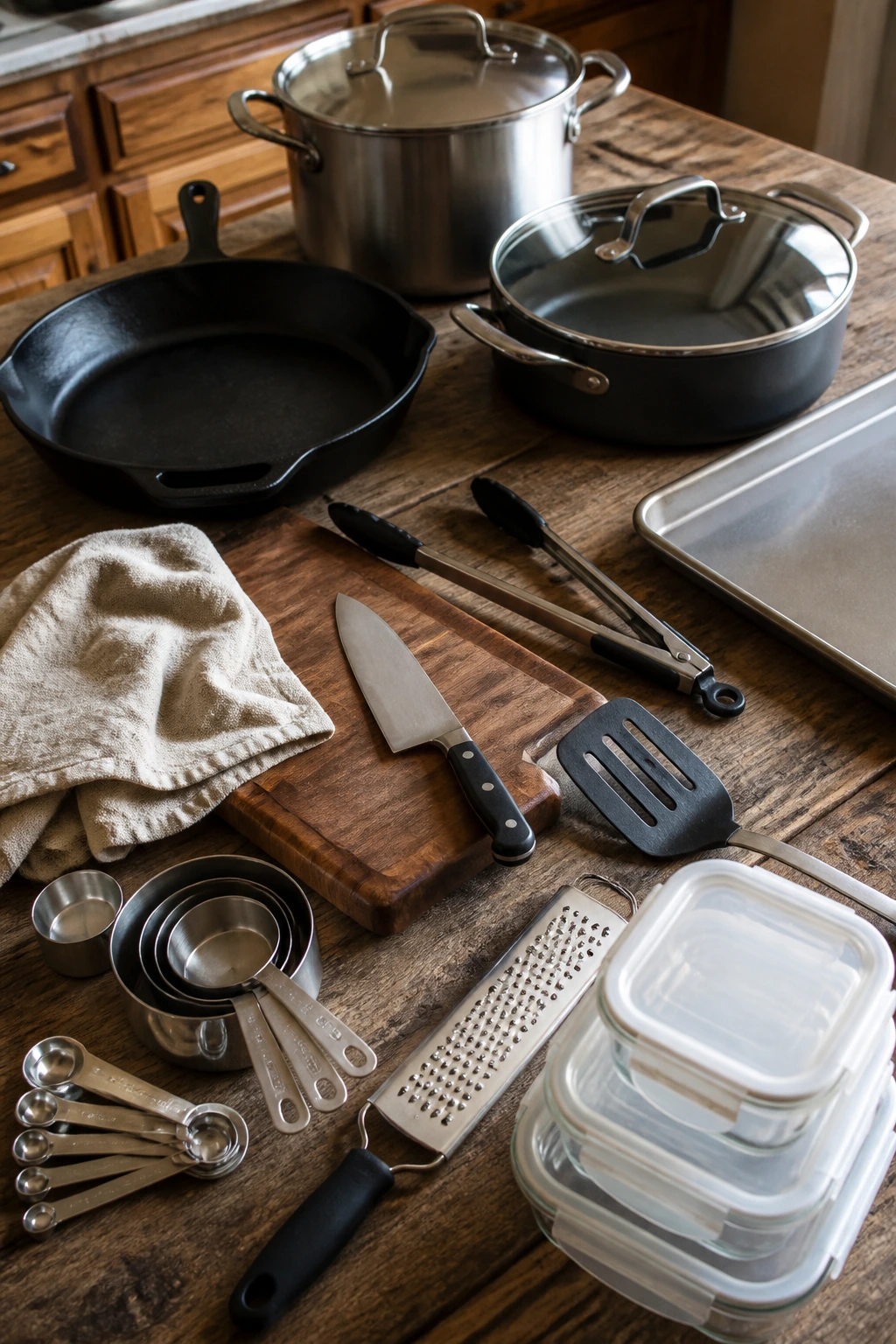 Close-up of essential kitchen equipment arranged on a wooden counter