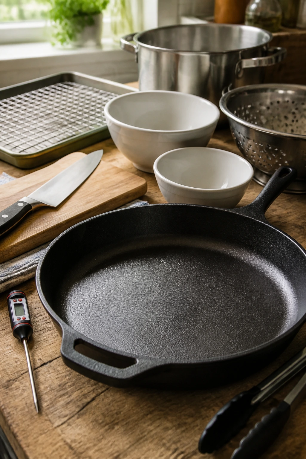 Close-up of a dominant 12-inch skillet with essential kitchen tools on a rustic counter