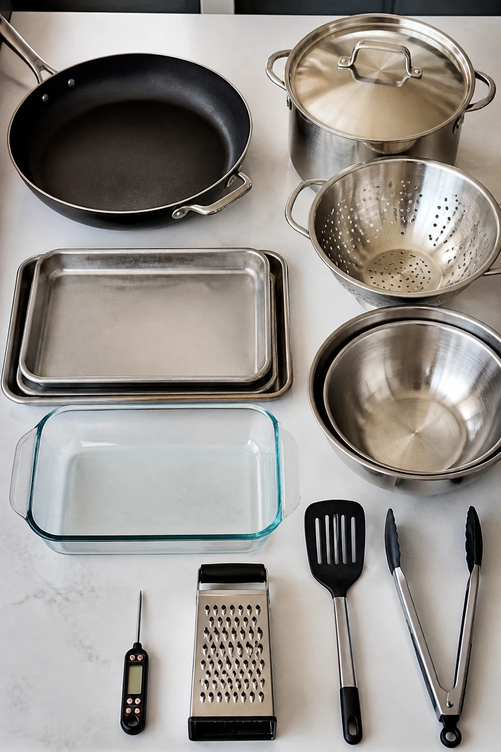 Top-down view of essential cooking equipment lined up on a counter